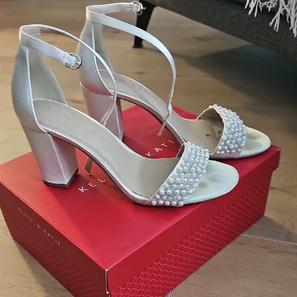 Kelly & Katie Pearled Ivory Ankle-Strap Block Heels